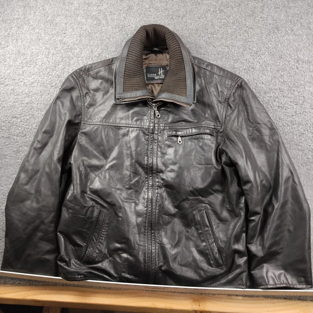Serge Hervet Jacket Mens Medium Dark Brown Buffalo Leather Collar Moto Biker EUC